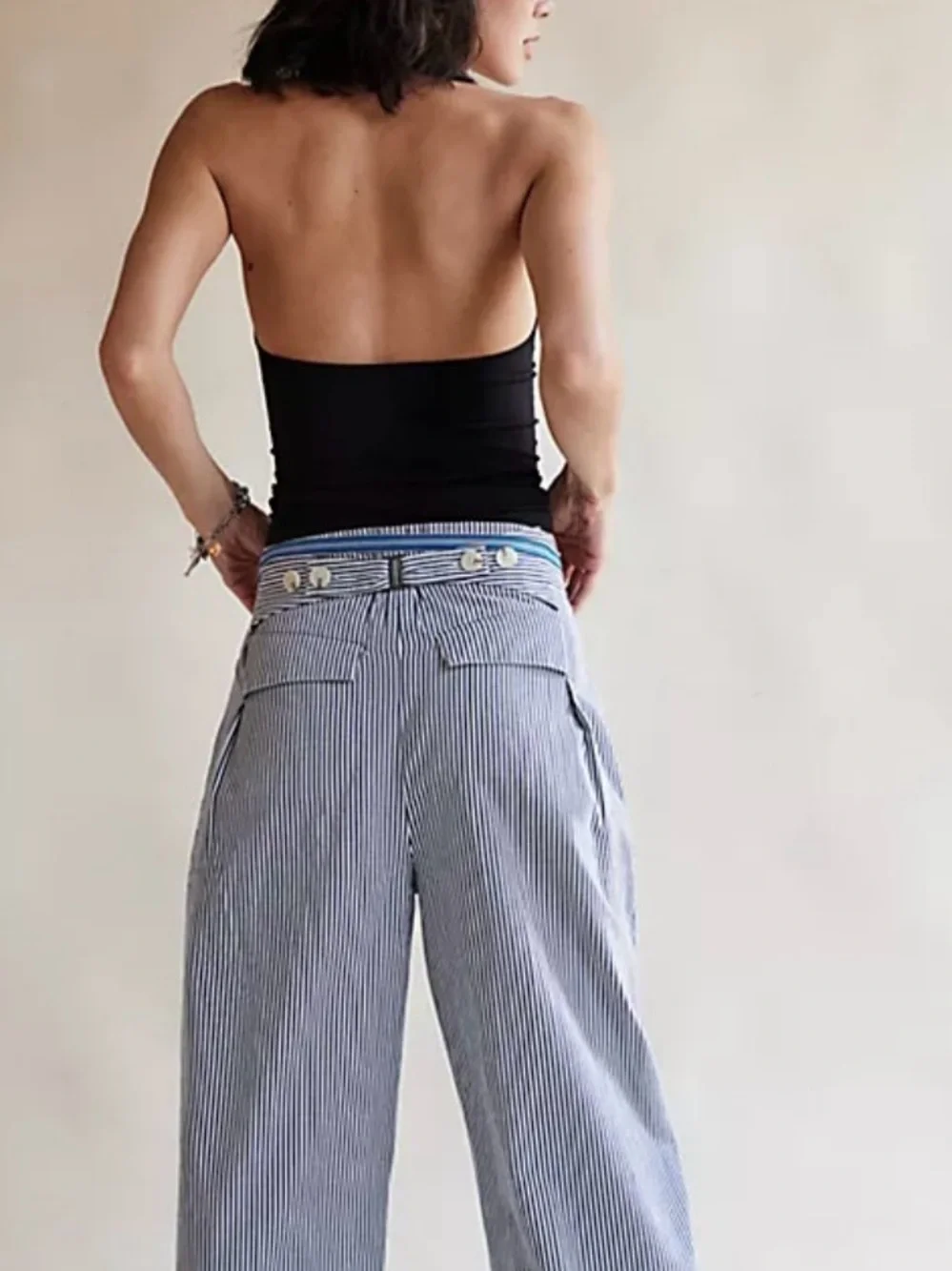 NWT Free People Blue & White Buckle Back Trouser Pants